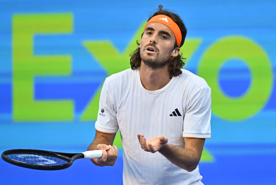 Denis Shapovalov celebrating his first-round win over Stefanos Tsitsipas at Indian Wells.