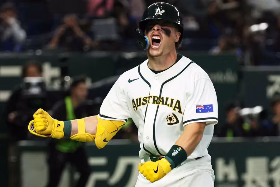Travis Bazzana celebrating his first WBC home run at the Tokyo Dome.
