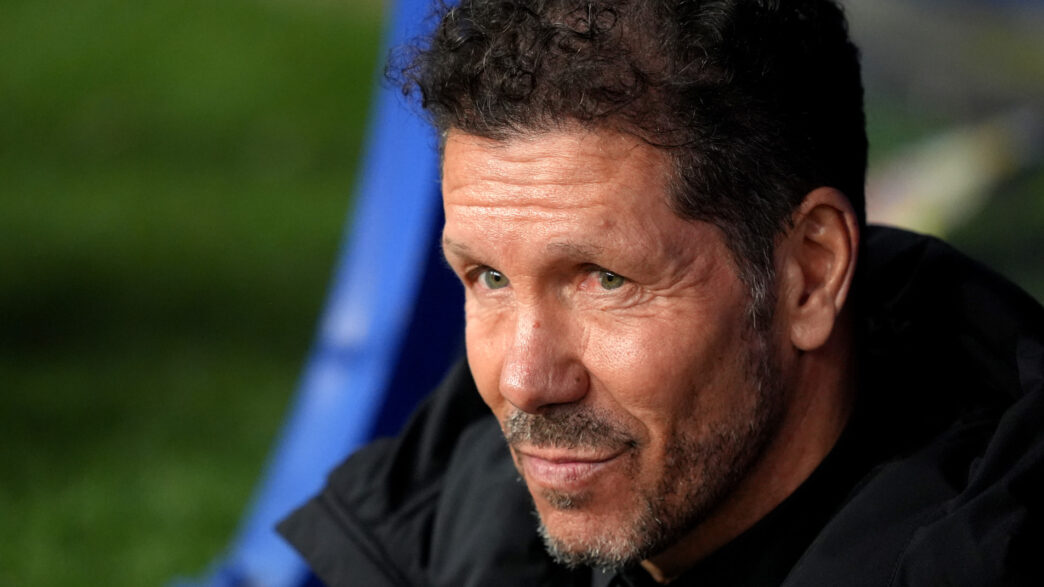 Atletico Madrid manager Diego Simeone gesturing during a press conference before the Copa del Rey second leg.