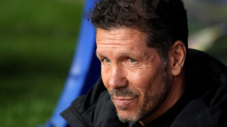 Atletico Madrid manager Diego Simeone gesturing during a press conference before the Copa del Rey second leg.