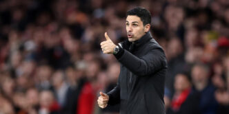 Mikel Arteta and set-piece coach Nicolas Jover celebrating a goal from a corner.