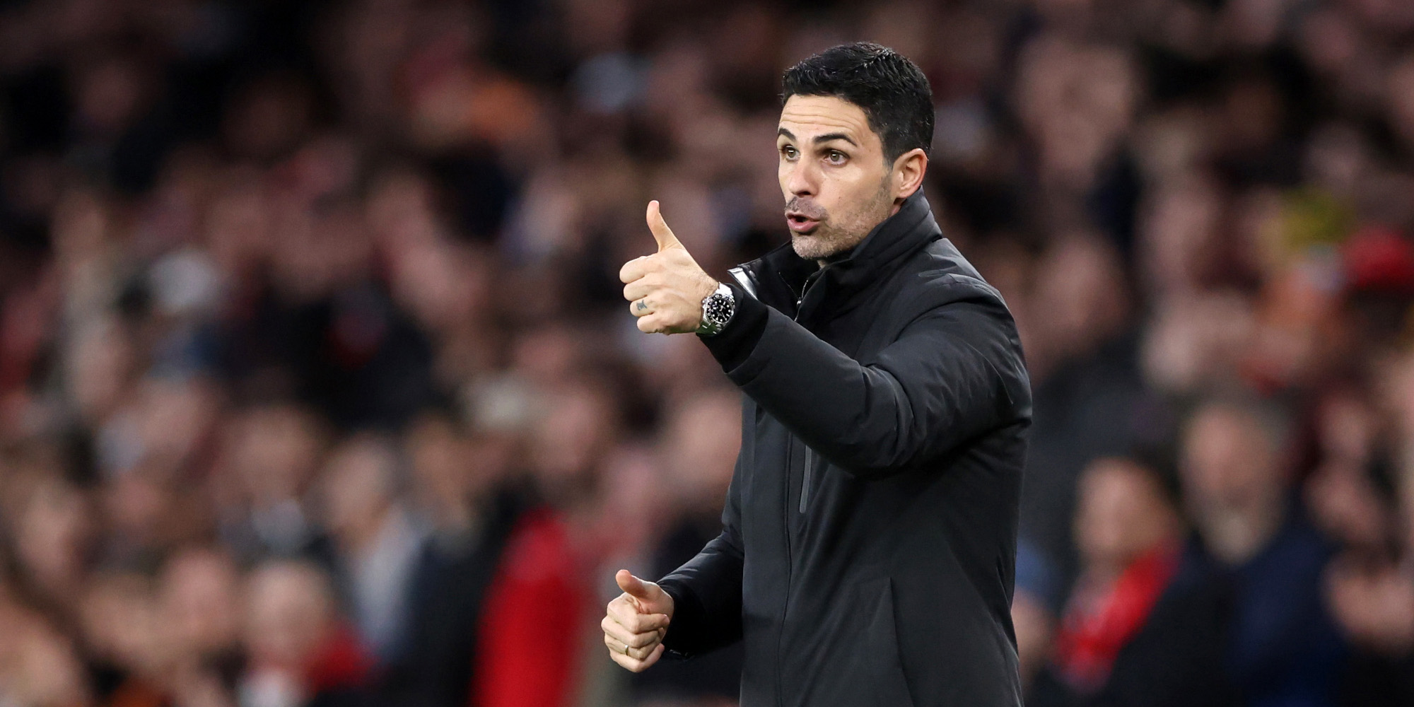 Mikel Arteta and set-piece coach Nicolas Jover celebrating a goal from a corner.