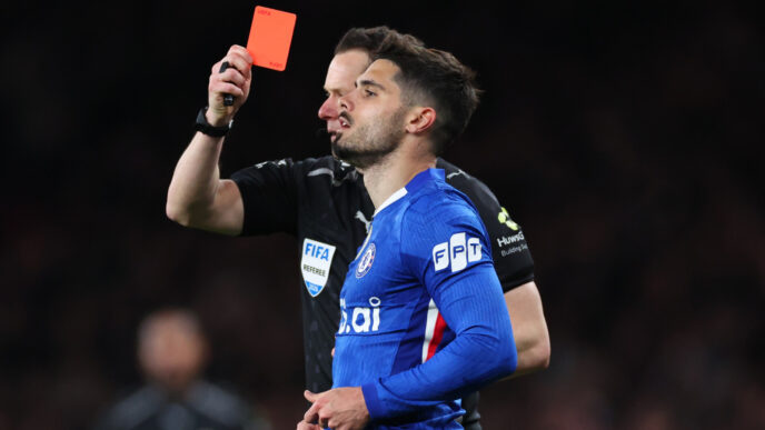 Chelsea manager Liam Rosenior looking frustrated on the touchline during the match against Arsenal.
