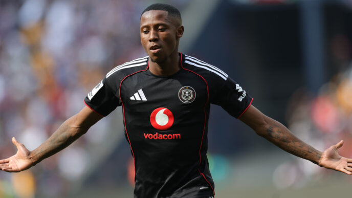 Orlando Pirates winger Tshepang Moremi celebrating his goal in the Soweto Derby.
