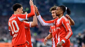 Bayern Munich players celebrating after Leon Goretzka scores the record-breaking 102nd goal.