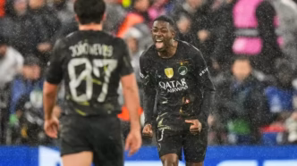 Ousmane Dembele celebrating goal for PSG at Anfield